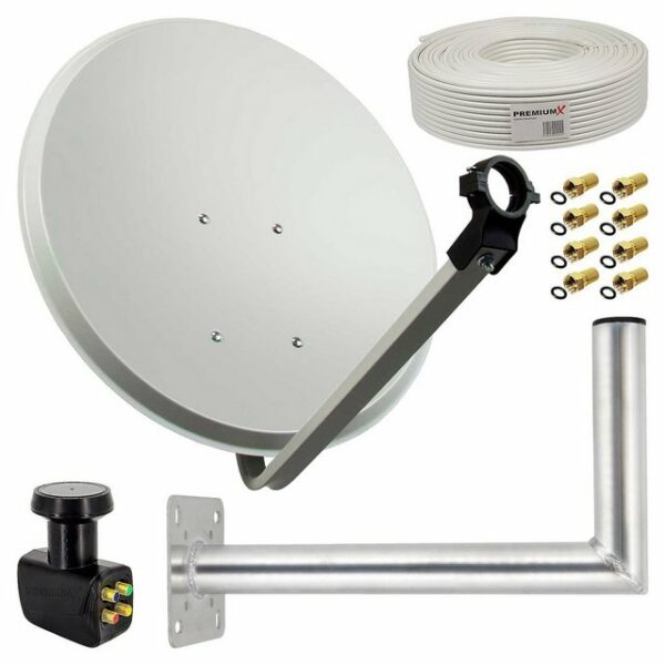 PremiumX Satelliten-Komplettanlage 80cm Satellitenschüssel Aluminium Quad LNB Kabel 50m Wandhalter 45cm, SAT bis 4 Teilnehmer SAT-Antenne