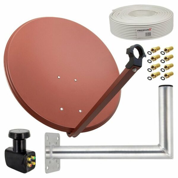 PremiumX Satelliten-Komplettanlage 80cm Satellitenschüssel Aluminium Rot Quad LNB Kabel 50m Wandhalter 45cm, SAT bis 4 Teilnehmer SAT-Antenne