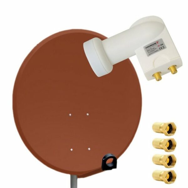 PremiumX Satelliten-Komplettanlage 80cm Satellitenschüssel Aluminium Ziegelrot Twin LNB 4x F-Stecker, SAT bis 2 Teilnehmer SAT-Antenne