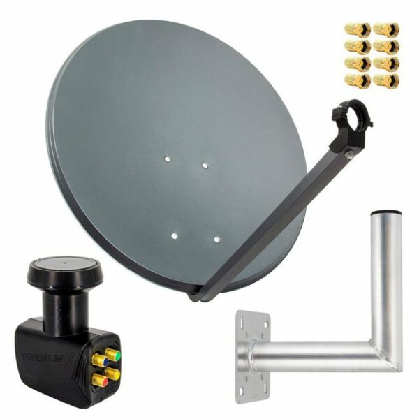 PremiumX Satelliten-Komplettanlage 80cm Satellitenschüssel Anthrazit Quad LNB 8x F-Stecker Wandhalter 25cm, 1 SAT 4 Teilnehmer SAT-Antenne