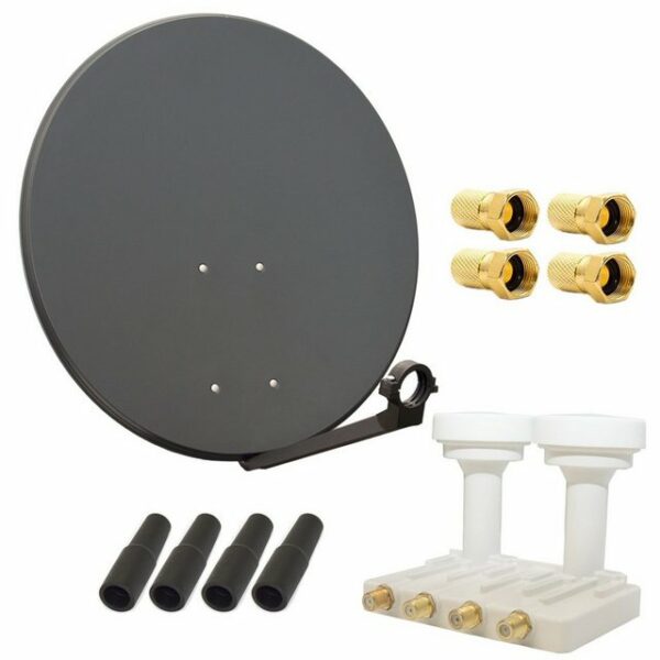 PremiumX Satelliten-Komplettanlage 80cm Satellitenschüssel Anthrazit Quad Monoblock LNB Astra Hotbird, 2 SAT für 4 Teilnehmer SAT-Antenne