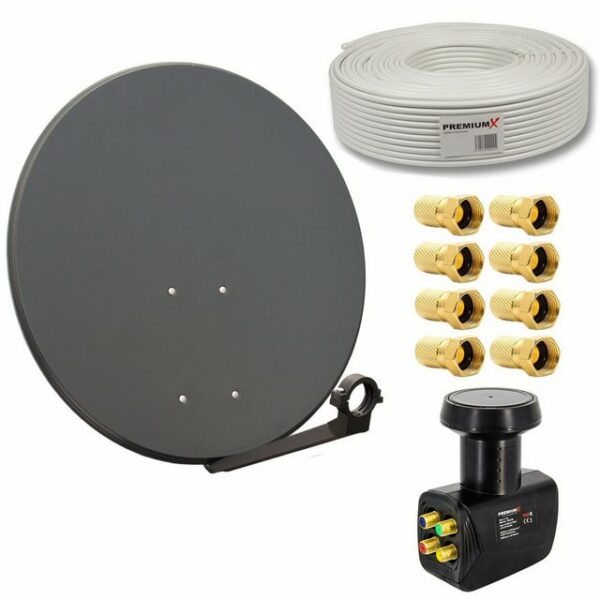 PremiumX Satelliten-Komplettanlage 80cm Satellitenschüssel Anthrazit SAT Quad LNB 50m Kabel 8x F-Stecker für 4 Teilnehmer SAT-Antenne