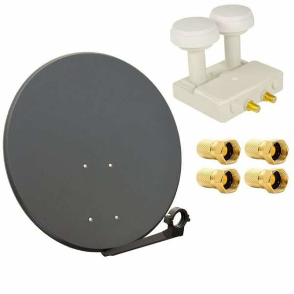 PremiumX Satelliten-Komplettanlage 80cm Satellitenschüssel Anthrazit Twin Monoblock LNB 4x F-Stecker 2 SAT für 2 Teilnehmer SAT-Antenne