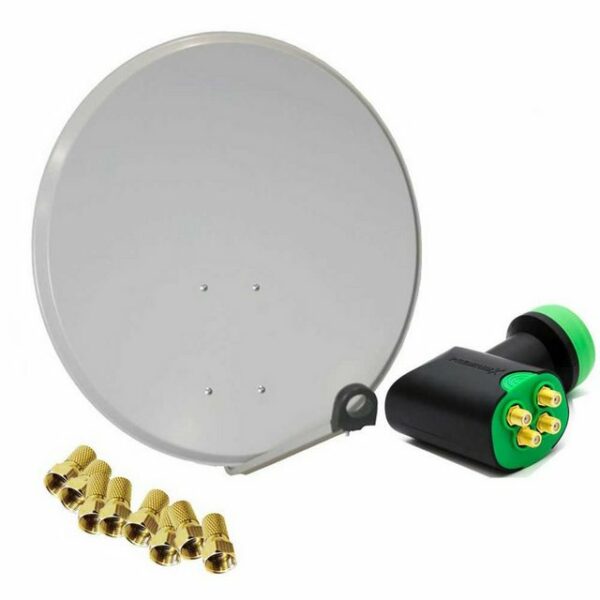 PremiumX Satelliten-Komplettanlage 80cm Satellitenschüssel Hellgrau Quad LNB 8x F-Stecker, SAT für 4 Teilnehmer SAT-Antenne