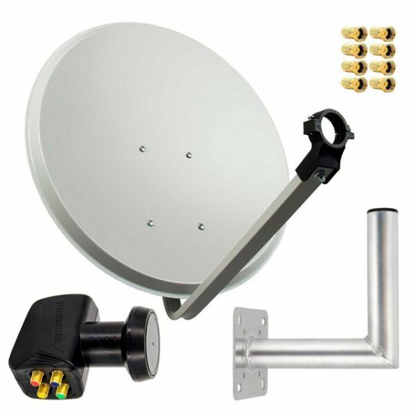 PremiumX Satelliten-Komplettanlage 80cm Satellitenschüssel Hellgrau SAT Quad LNB 8x F-Stecker Wandhalter 25cm bis 4 Teilnehmer SAT-Antenne