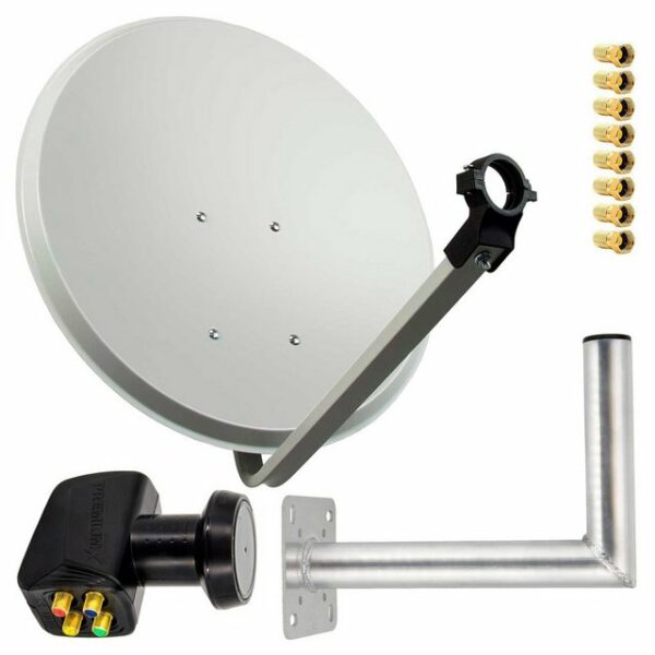 PremiumX Satelliten-Komplettanlage 80cm Satellitenschüssel Hellgrau SAT Quad LNB F-Stecker Wandhalter 35cm bis 4 Teilnehmer SAT-Antenne