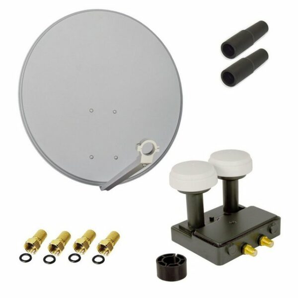 PremiumX Satelliten-Komplettanlage 80cm Satellitenschüssel Hellgrau SAT Twin LNB 6° Monoblock Astra Hotbird 4x F-Stecker 2x Tülle SAT-Antenne