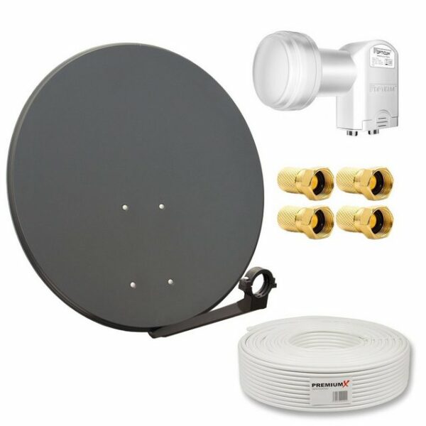 PremiumX Satelliten-Komplettanlage 80cm Satellitenschüssel Opticum SAT Twin LNB 4x F-Stecker Antennenkabel 25m 2 Teilnehmer SAT-Antenne