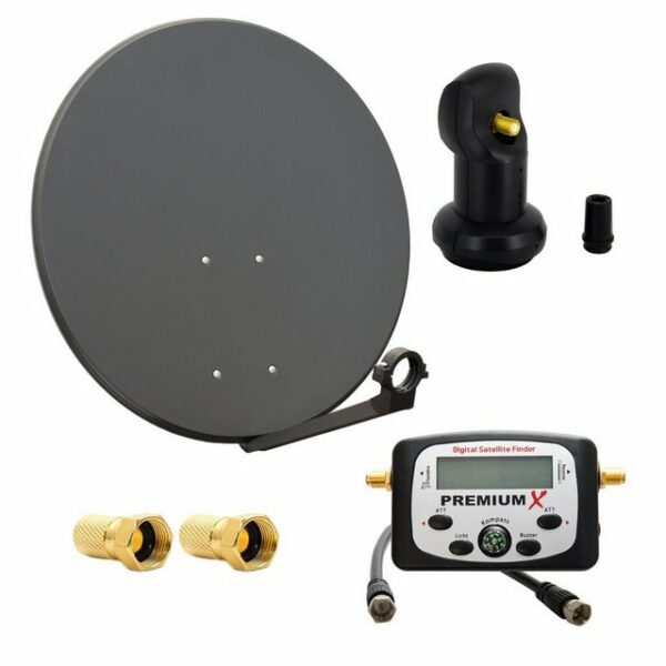 PremiumX Satelliten-Komplettanlage 80cm Satellitenschüssel SAT Single LNB 2x F-Stecker LCD Satelliten-Finder SAT-Antenne