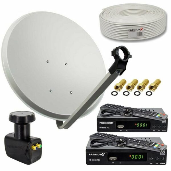 PremiumX Satelliten-Komplettanlage für 2 Teilnehmer 60cm Satellitenschüssel Twin LNB 25m Antennenkabel 2x Satelliten-Receiver FullHD SAT-Antenne