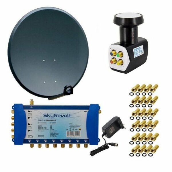 SkyRevolt Satelliten-Komplettanlage 80cm Satellitenschüssel ALU Anthrazit Multiswitch 5/8 Quattro LNB F-Stecker 1 SAT bis 8 Teilnehmer SAT-Antenne