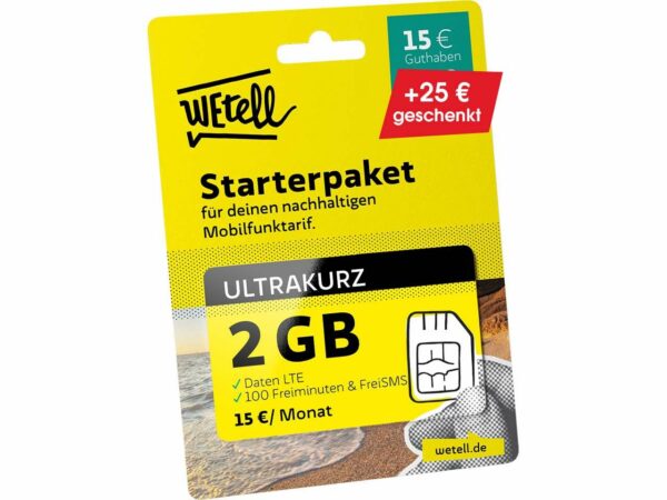 WEtell Mobilfunktarif "Ultrakurz" 2 GB LTE + 100 Freiminuten + 100 Frei-SMS