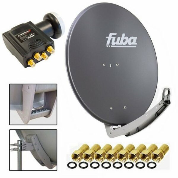 fuba Antenne 74x84 cm Alu Anthrazit DAA 780 + PremiumX DELUXE Quad LNB 0,1 dB + 8x F-Stecker SAT-Antenne