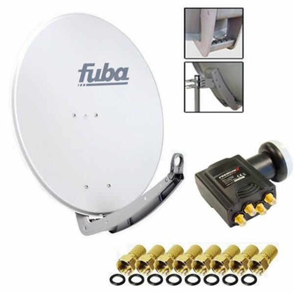 fuba Antenne 74x84 cm Alu Grau DAA 780 + PremiumX DELUXE Quad LNB 0,1 dB + 8x F-Stecker SAT-Antenne