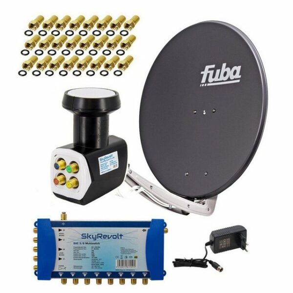 fuba DAA 850 SAT Anlage ALU Anthrazit SkyRevolt 5/8 Multischalter Quattro LNB HDTV 4K 24x F-Stecker 1 SAT 8 Teilnehmer SAT-Antenne