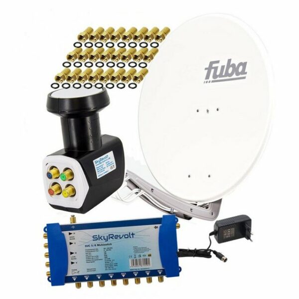 fuba DAA 850 SAT Anlage ALU Weiß SkyRevolt 5/8 Multischalter Quattro LNB HDTV 4K 24x F-Stecker 1 SAT bis 8 Teilnehmer SAT-Antenne