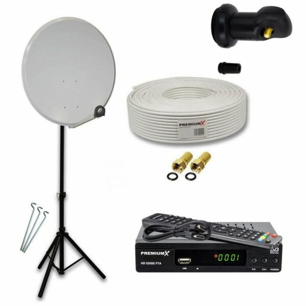 PremiumX Camping Komplett Sat Anlage 45cm Single LNB 10m Kabel Stativ Receiver SAT-Antenne