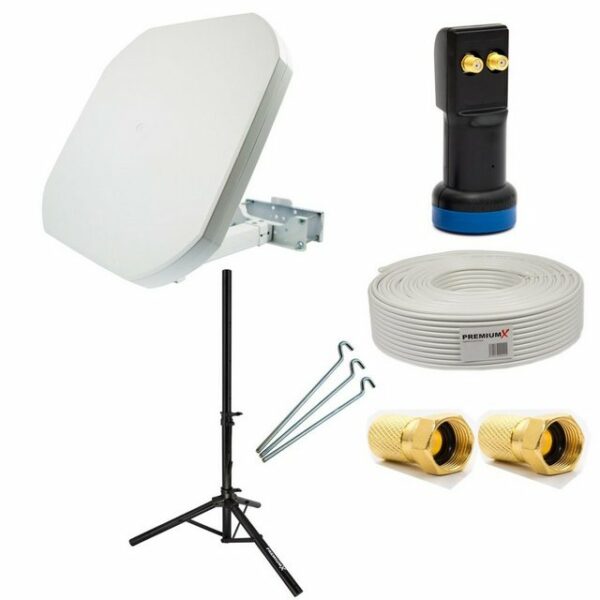 PremiumX SAT-Anlage Flat 43 Flachantenne Twin LNB Tripod 10 Meter Kabel Stecker SAT-Antenne