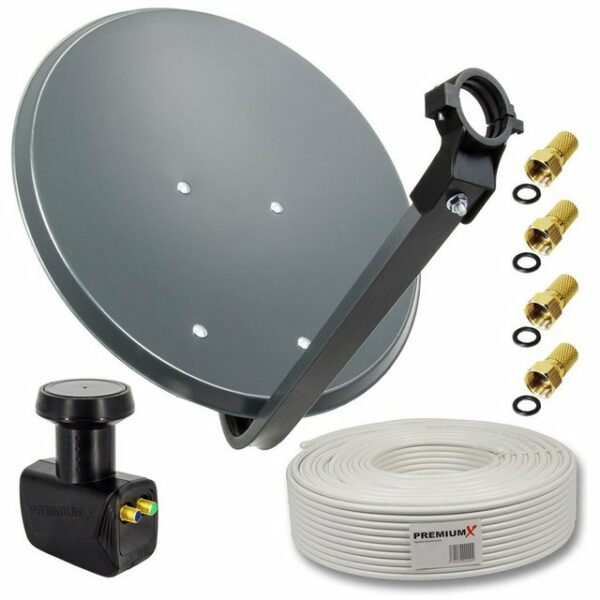 PremiumX Satelliten-Komplettanlage 45cm Antenne Twin LNB 10m Kabel 4x F-Stecker SAT-Antenne