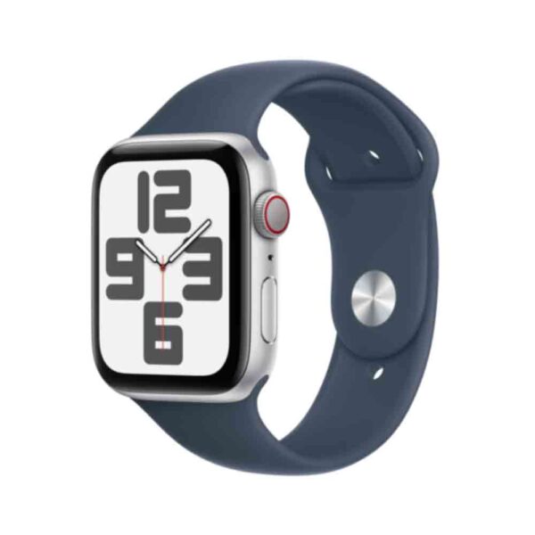 Apple Watch SE (GPS + Cellular) - 44 mm - Aluminium, Silber - intelligente Uhr mit Sportband - Flouroelastomer - Storm Blue - Bandgröße: M/L - 32GB - Wi-Fi, LTE, Bluetooth - 4G - 33 g (MRHJ3QF/A)