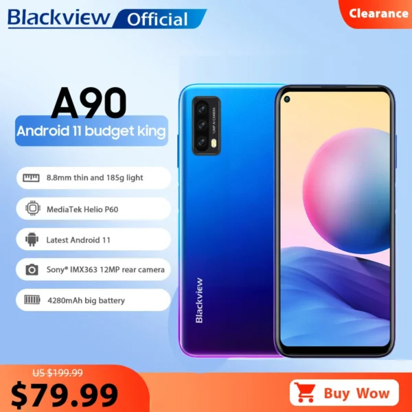 Blackview A90, Helio P60 Octa Core 12MP HDR Camera, 4GB+64GB 4280mAh Android 11, 4G LTE Celular