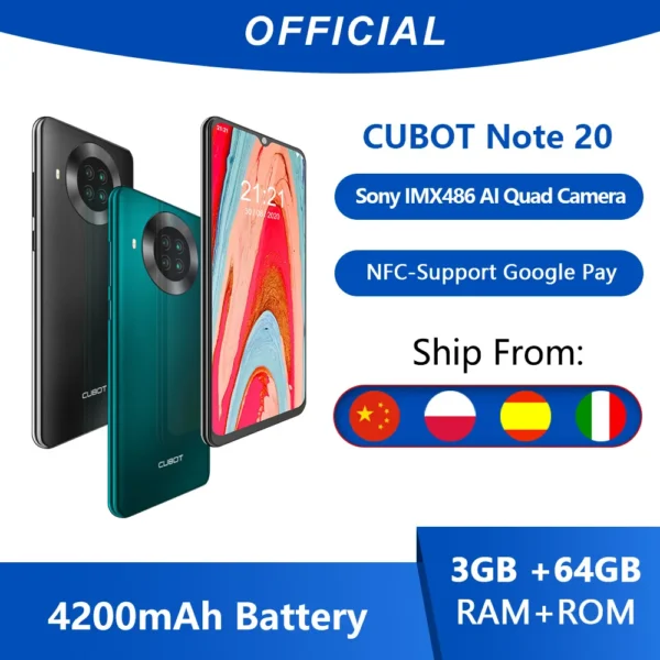 Cubot Note 20 Smartphone Rear Quad Camera NFC Google Android 10 6.5 Inch 4200mAh Dual SIM Card Telephone 4G LTE 3GB+64GB Celular