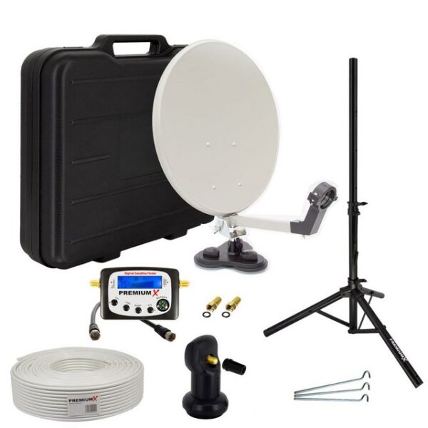 PremiumX Camping SAT TV Anlage LNB Satelliten-Finder Kabel im Koffer Stativ SAT-Antenne