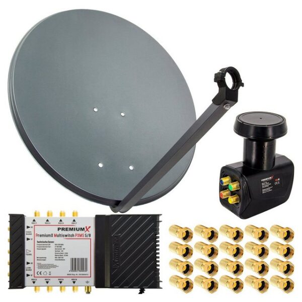 PremiumX SAT-Anlage 80cm Schüssel Multischalter 5/6 Quattro LNB 20x F-Stecker SAT-Antenne