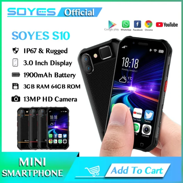 SOYES S10 NFC 3'' Mini Android Smartphone 3GB RAM 64GB ROM 4G LTE Cellphone Face ID Fingerprint 1900mAh Rugged Small Phone