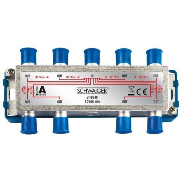 Schwaiger Verteilerbox VTF8848241 8-Wege-Verteiler, Gleichstromdurchgang (DC), für Hausverteilanlagen, Kabelanlagen, Antennen und Satelliten