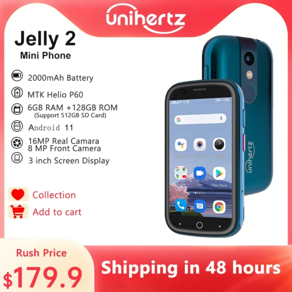 Unihertz Jelly 2 Mini Phone Pocket Android 11 Helio P60 Octa Core 4G LTE Dual-SIM Unlocked Smartphone 6GB+128GB NFC Cellphone