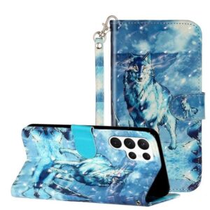 CLM-Tech Handytasche Hülle für Samsung Galaxy S23 Ultra 5G Tasche aus Kunstleder Klapphülle (Wolf Schneeberg blau, Handyhülle Wallet Flip Case Cover Etui), Standfunktion, Kartenfächer, Magnetverschluss