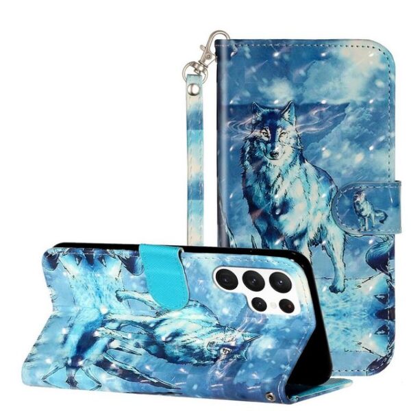 CLM-Tech Handytasche Hülle für Samsung Galaxy S23 Ultra 5G Tasche aus Kunstleder Klapphülle (Wolf Schneeberg blau, Handyhülle Wallet Flip Case Cover Etui), Standfunktion, Kartenfächer, Magnetverschluss