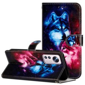 CLM-Tech Handytasche Hülle für Xiaomi 12 Pro 5G Tasche aus Kunstleder Klapphülle (Wolf Pärchen, Handyhülle Wallet Flip Case Cover Etui), Standfunktion, Kartenfächer, Magnetverschluss