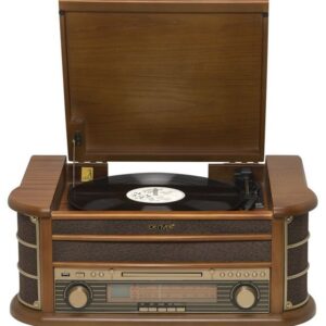 Denver MCR-50MK2 Retro Plattenspieler aus Holz mit Radio Kassette Soundbox Radioplattenspieler (Riemenantrieb, CD Player mit MP3 Wiedergabe, USB für MP3 Wiedergabe und Aufnahme, Kassettendeck auf der Seite des Geräts, AM/FM Radio mit Antenne, LCD Display mit blauer Beleuchtung)