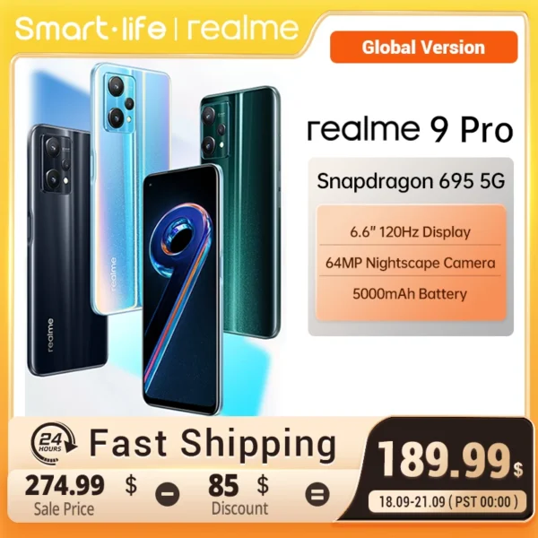 Global Version Realme 9 Pro 5G 8GB RAM 128GB ROM 6.6inch FHD+ Display 120Hz Qualcomm Snapdragon 695 5G