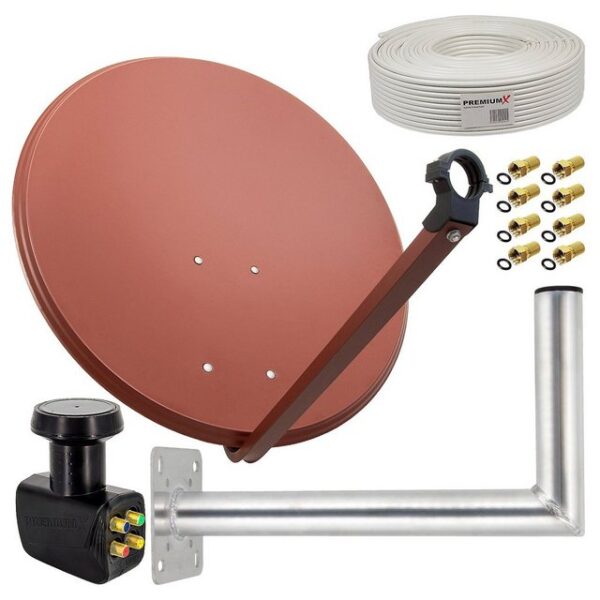 PremiumX SAT Anlage 80cm Antenne Quad LNB 50m Kabel Wandhalter 45cm SAT-Antenne