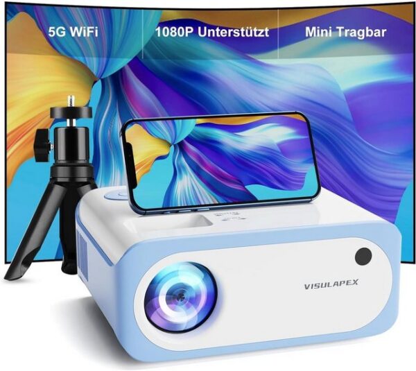 VISULAPEX Portabler Projektor (9000 lm, 8000:1, 1920 x 1080 px, Beamer Tragbarer Full HD 1080P Unterstützt, VISULAPEX V3 5G WiFi)