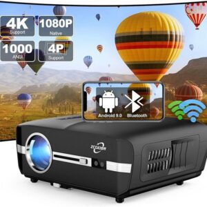 ZCGIOBN Hell LED Projektor 4K Intelligenter Heimkino Portabler Projektor (1000 lm, 1920x1080 px, Android Projektor 5G WiFi Bluetooth Wireless mit HDMI USB RJ45 Zoom)