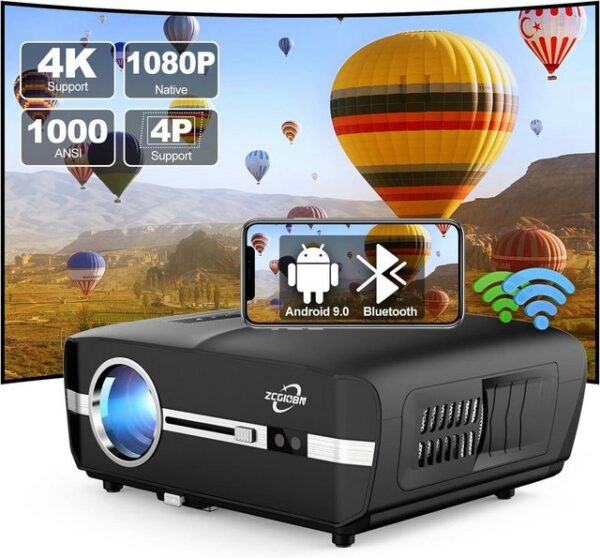 ZCGIOBN Hell LED Projektor 4K Intelligenter Heimkino Portabler Projektor (1000 lm, 1920x1080 px, Android Projektor 5G WiFi Bluetooth Wireless mit HDMI USB RJ45 Zoom)