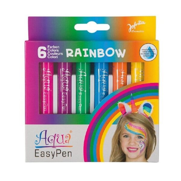 jofrika Schmink-Set Jofrika 708797 Aqua Easy Pen Box Rainbow - 6 Schminkstifte, Aqua Easy Pen Schminkstifte sind auf Wasserbasis hergestellt, somit nicht fettend, hautfreundlich und nach dem Trocknen wischfest. Die Schminke ist leicht und unkompliziert aufzutragen. Das Set besteht aus sechs Regenbogenfarben: Gelb, Orange, Blau, Grün, Lila und Pink. Mit Wasser und Seife zu entfernen. Beinhaltet: 6 Stifte (je 5g)