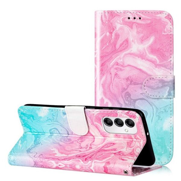 CLM-Tech Handytasche Hülle für Samsung Galaxy A14 5G Tasche aus Kunstleder Klapphülle (Marmor rosa türkis, Handyhülle Wallet Flip Case Cover Etui), Standfunktion, Kartenfächer, Magnetverschluss