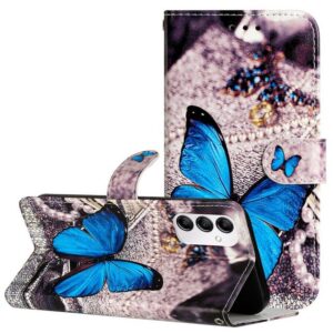 CLM-Tech Handytasche Hülle für Samsung Galaxy A14 5G Tasche aus Kunstleder Klapphülle (blauer Schmetterling, Samsung Galaxy A14 5G Handyhülle Wallet Flip Case Cover Etui), Standfunktion, Kartenfächer, Magnetverschluss