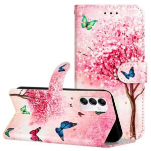 CLM-Tech Handytasche Hülle für Samsung Galaxy A14 5G Tasche aus Kunstleder Klapphülle (rosa Baum Schmetterlinge, Samsung Galaxy A14 5G Handyhülle Wallet Flip Case Cover Etui), Standfunktion, Kartenfächer, Magnetverschluss