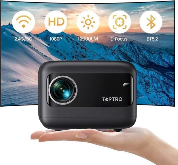 TOPTRO 5G WiFi Bluetooth Mini Heimkino Portabler Projektor (12000 lm, 12000:1, 1920x1080 px, mit Elektrischer Fokus Kompatibel mit TV Stick/Laptop/iOS/Android/PS4)