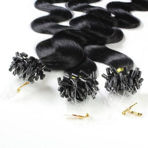 hair2heart Echthaar-Extension Microring Loops - gewellt #2/0 Schwarz 0.5g 60cm