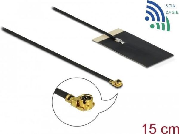 DeLOCK WLAN 802,11 ac/ax/a/h/b/g/n Antenna MHF I plug 2,7 - 3.0 dBi 1,13 15cm FPC internal self adhesive - Antenne - Smart Home - 2,7-3 dBi - Klebemontage - Schwarz (12611)