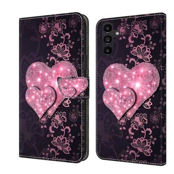 CLM-Tech Handytasche Hülle für Samsung Galaxy A14 5G Tasche aus Kunstleder Klapphülle (schwarz rosa Herzen, Samsung Galaxy A14 5G Handyhülle Wallet Flip Case Cover Etui), Standfunktion, Kartenfächer, Magnetverschluss