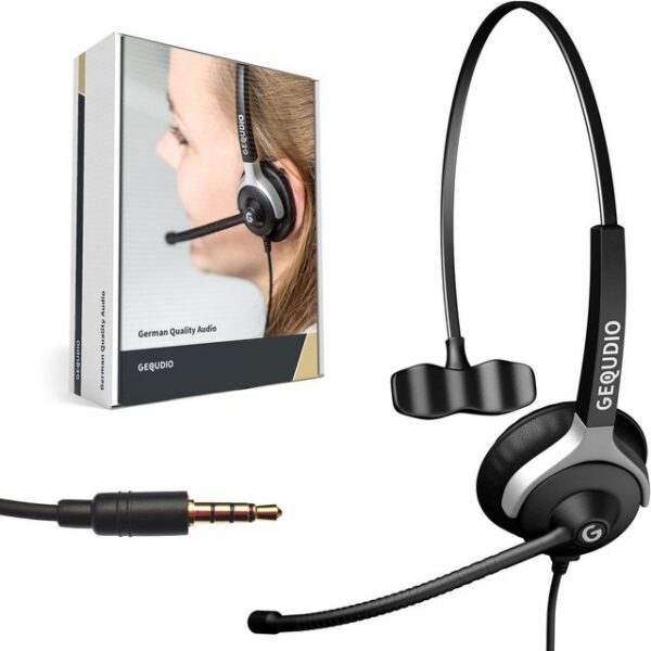 GEQUDIO für FritzFon, Gigaset, MacBook, Smartphone, PC Laptop mit 3,5mm Klinke Headset (1-Ohr-Headset, 60g leicht, Bügel aus Federstahl, mit Wechselverschluss für mehrere Endgeräte, inklusive Anschlusskabel)