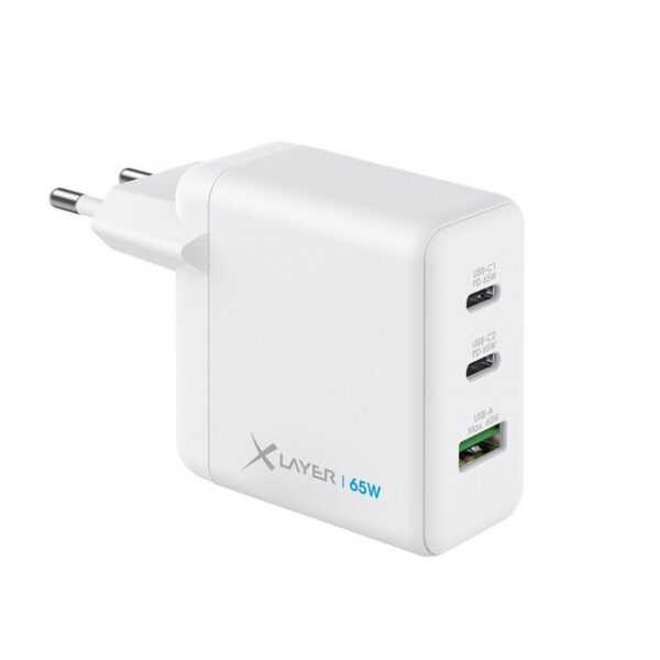 XLAYER Powercharger 65W USB-C Schnellladegerät GaN Technologie 3-Port Smartphone-Ladegerät